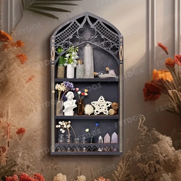 NIB! Gorgeous Ebony Black Cathedral Style Three (3) Tier Display Shelf! - Picture 1 of 5